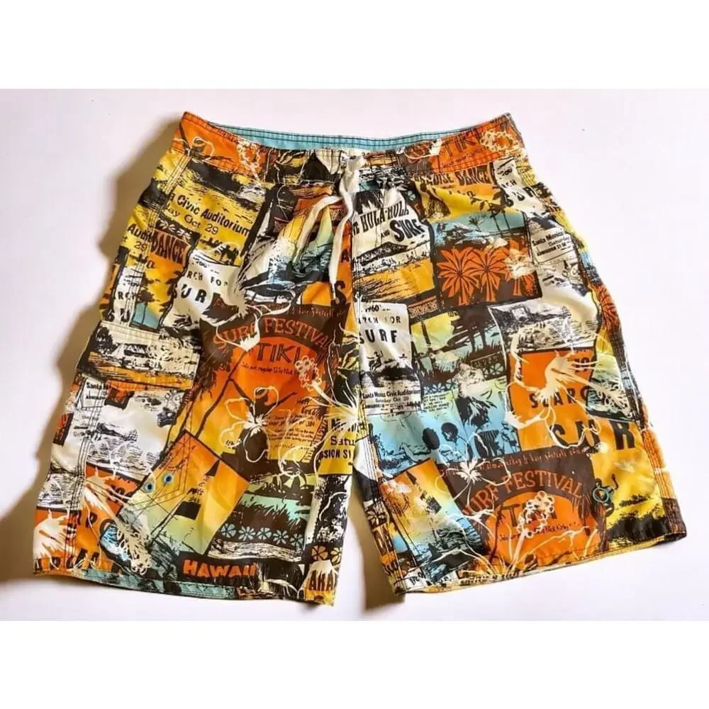 Size 38 Men's OP Orange and Blue Tiki Tropical Beach Swim Trunks XL